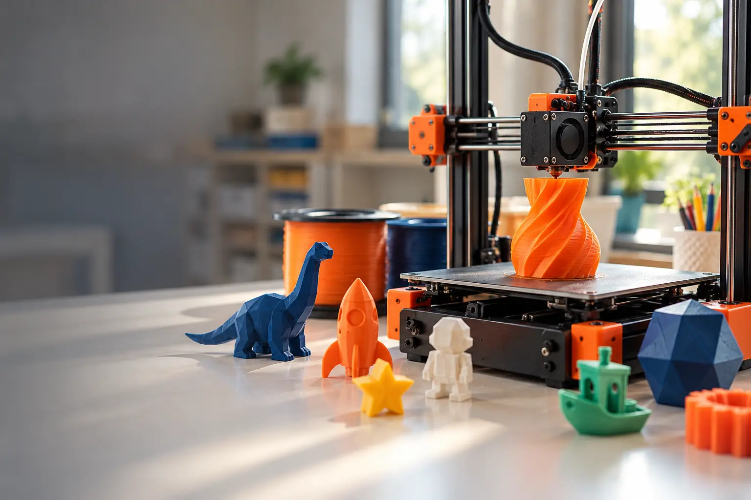 Drukarka 3D drukuje pomarańczowy wazon, obok wydrukowane modele: dinozaur, rakieta i łódka